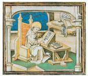 San Bernardo, zistertarren fundatzailea, XV. mendeko miniatura batean.<br><br>